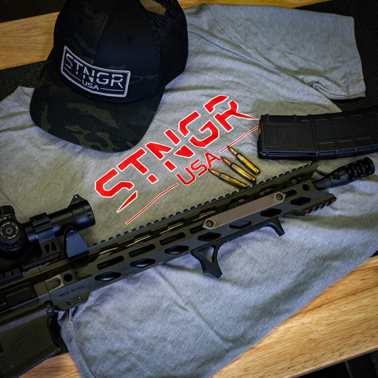STNGR Patriot Shirt with Hat and gun